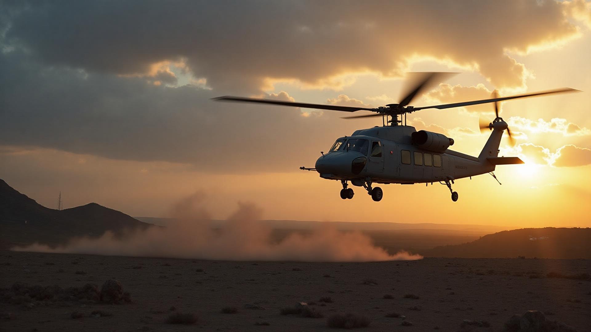 Military helicopter over tactical terrain representing TRC tactical knife collection performance